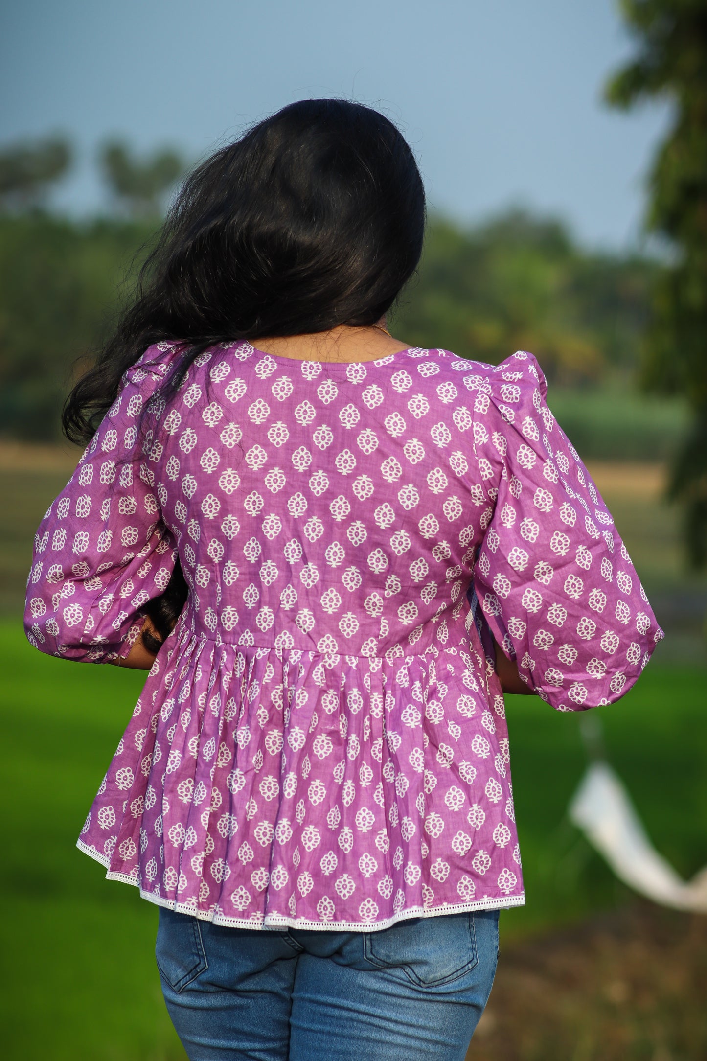 Purple floral cotton women tops