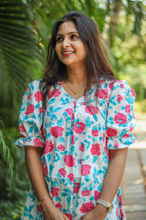 Sky blue floral cotton kurta sets
