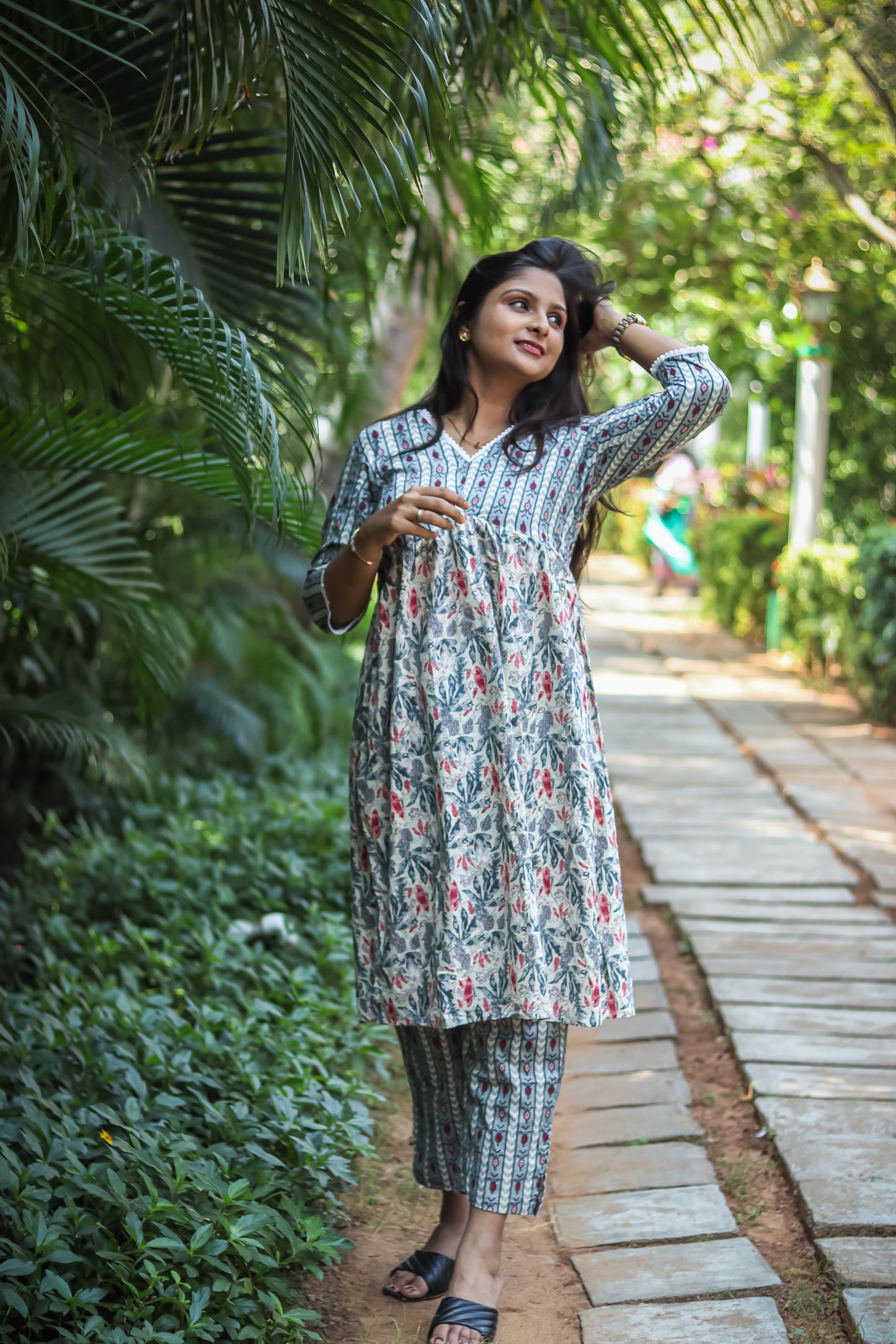 Grey floral luxury cotton kurta set