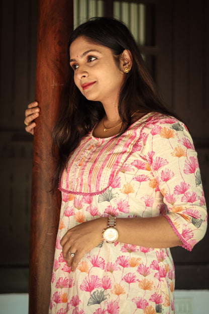 Pink floral pure Cotton kurta sets