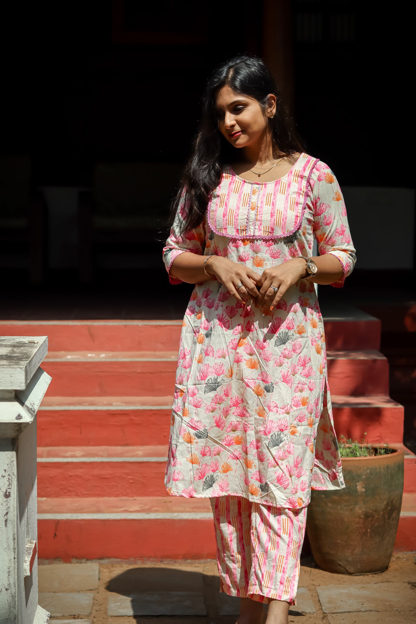 Pink floral pure Cotton kurta sets