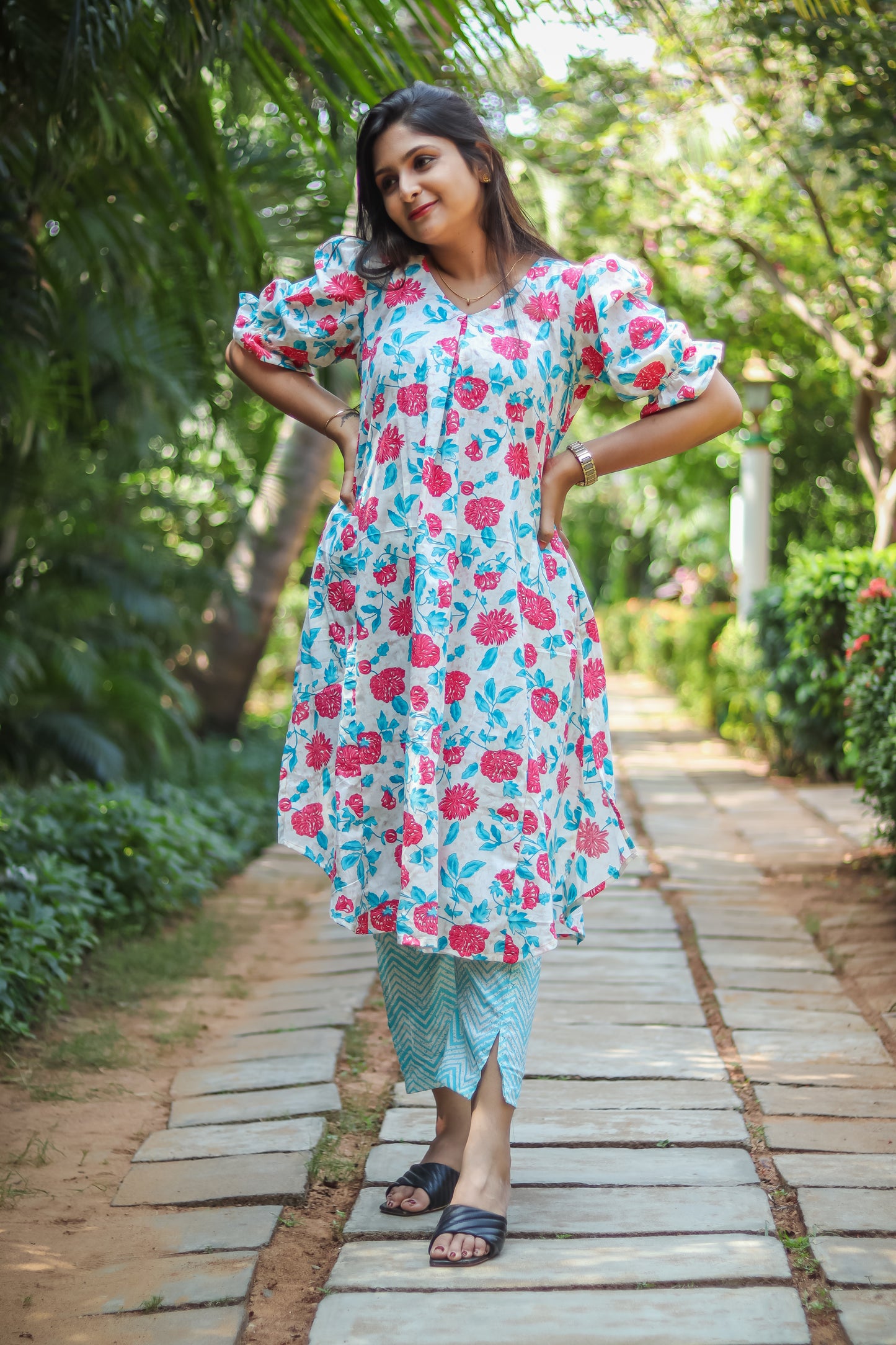 Sky blue floral cotton kurta sets