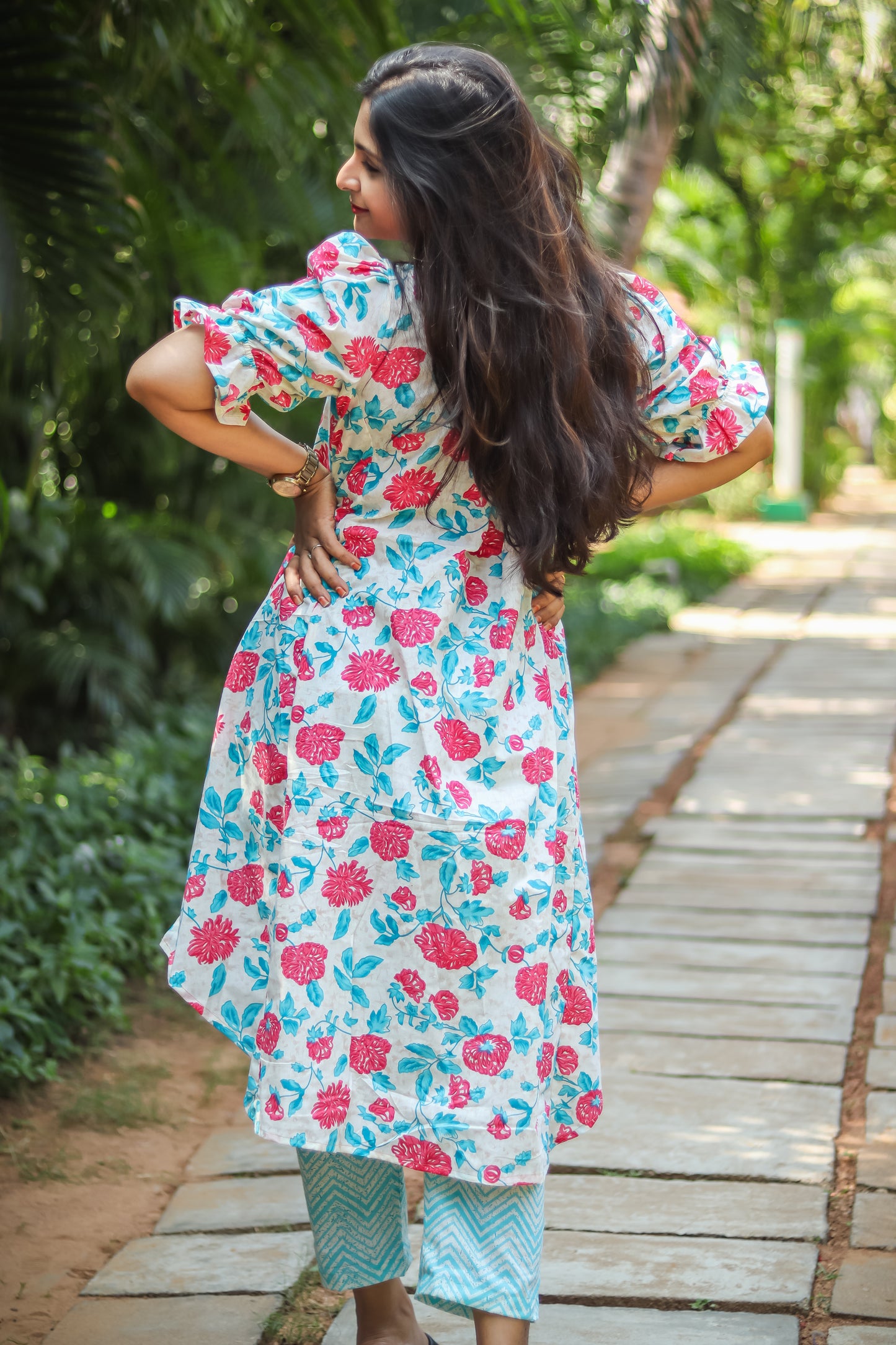 Sky blue floral cotton kurta sets
