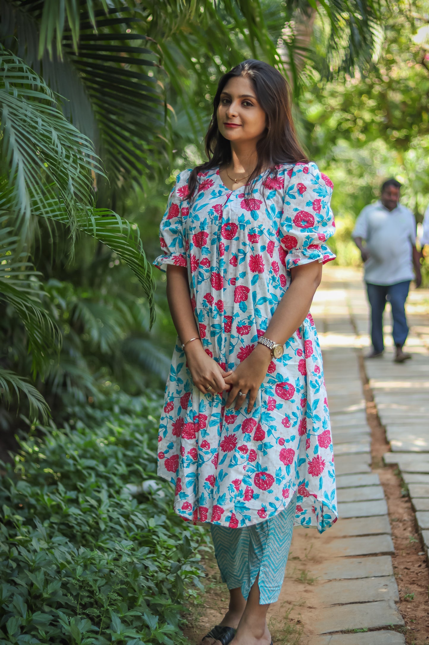 Sky blue floral cotton kurta sets