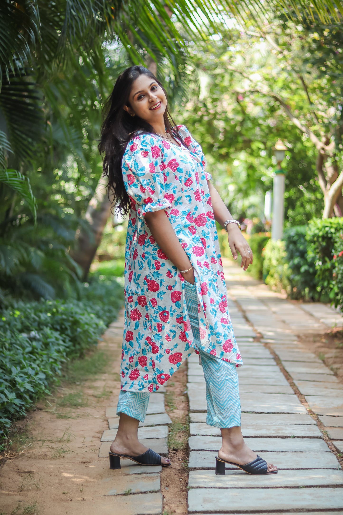 Sky blue floral cotton kurta sets