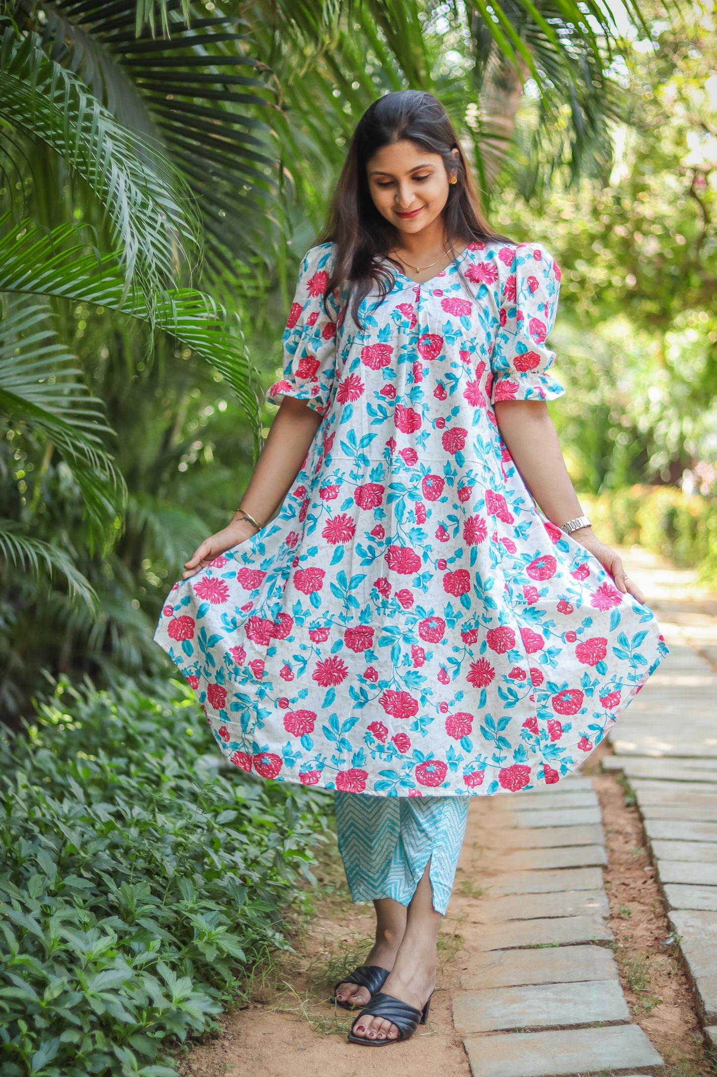 Sky blue floral cotton kurta sets