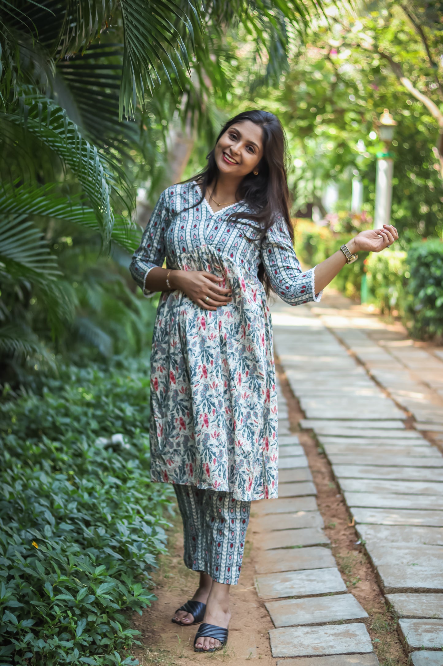 Grey floral luxury cotton kurta set