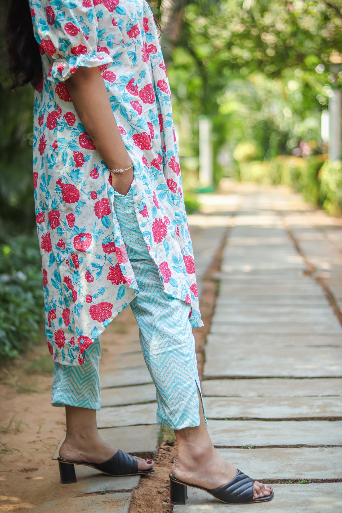 Sky blue floral cotton kurta sets