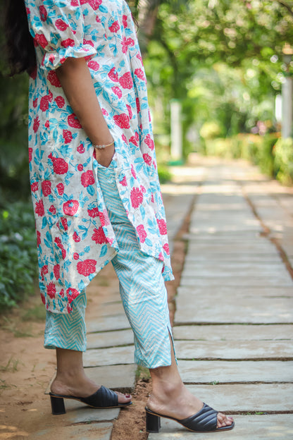 Sky blue floral cotton kurta sets