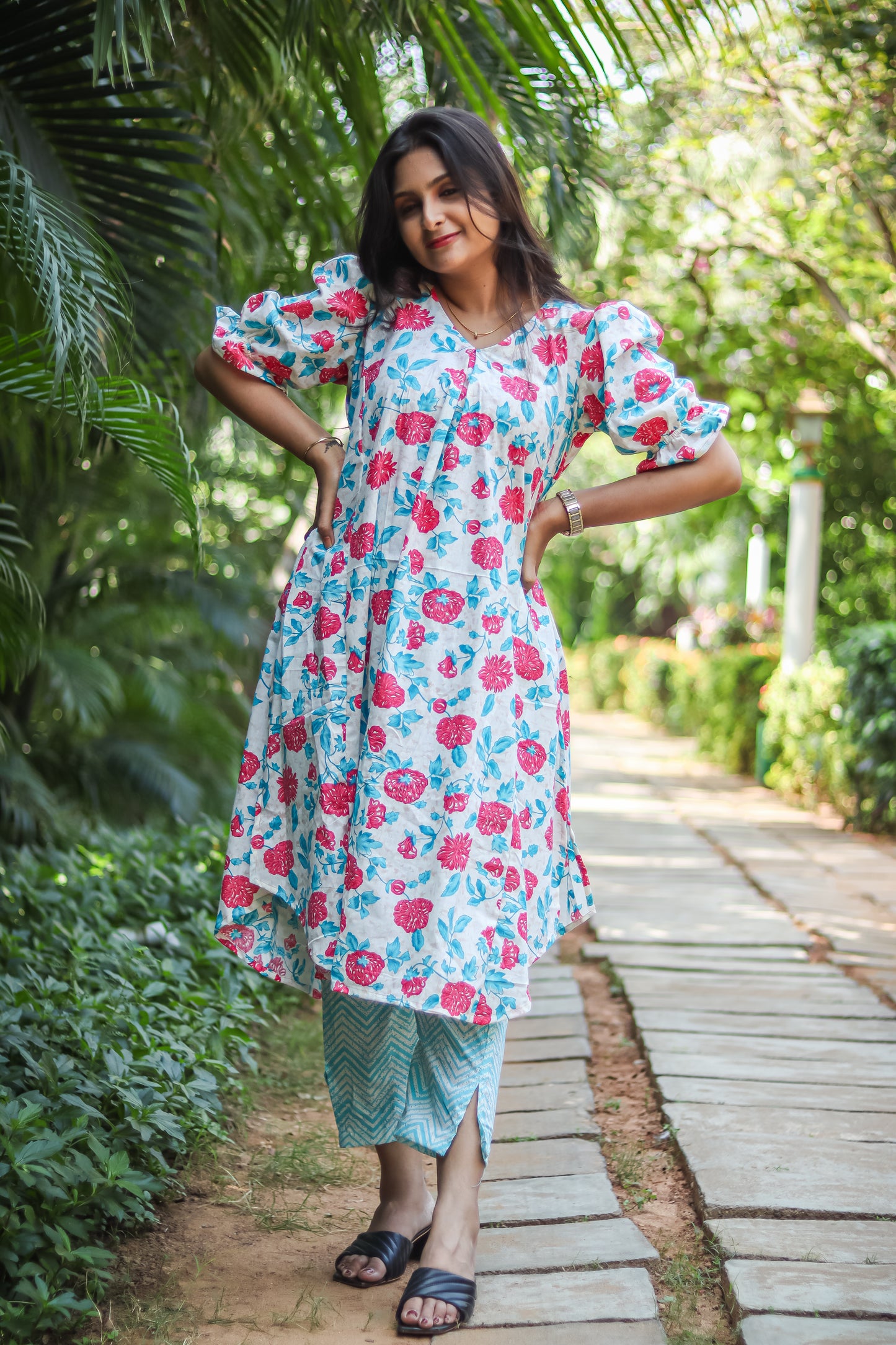 Sky blue floral cotton kurta sets