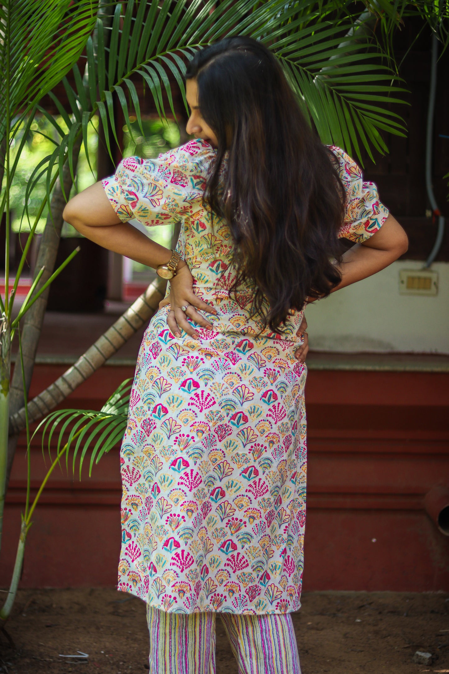 Multicoloured floral cotton work wear kurta set
