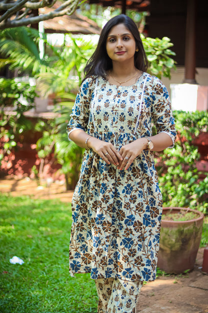 Blue floral cotton work wear kurta set