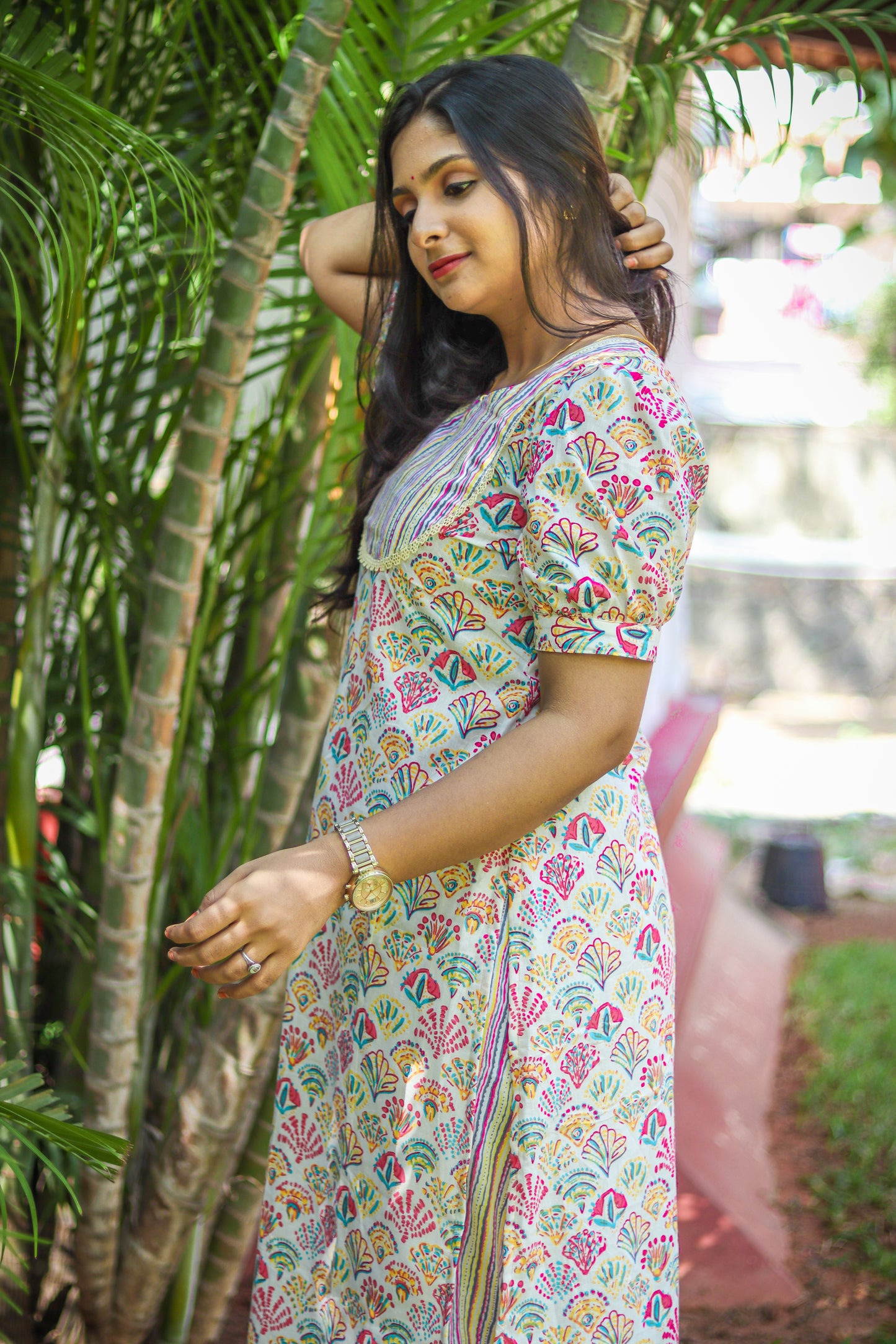 Multicoloured floral cotton work wear kurta set