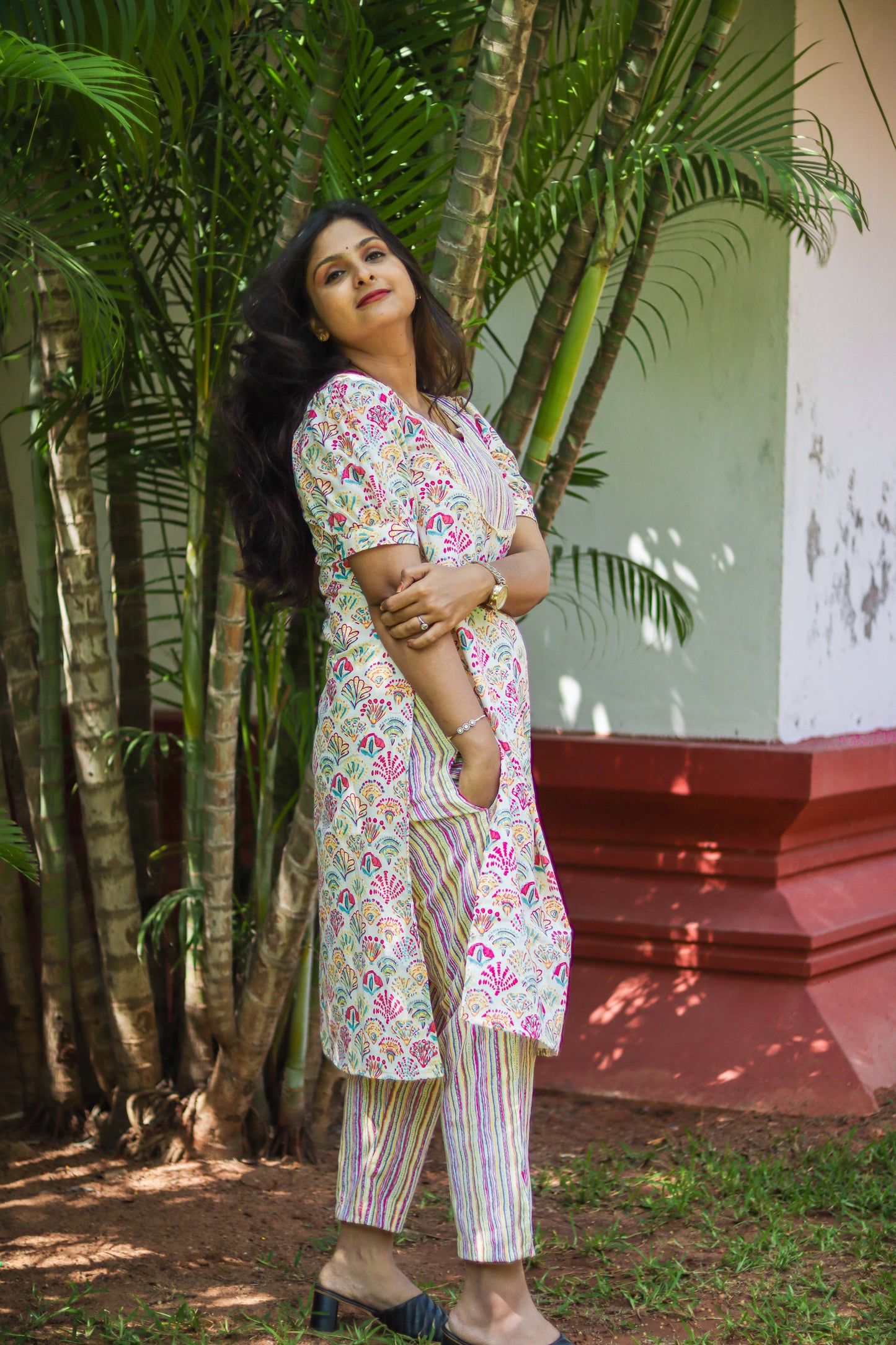 Multicoloured floral cotton work wear kurta set