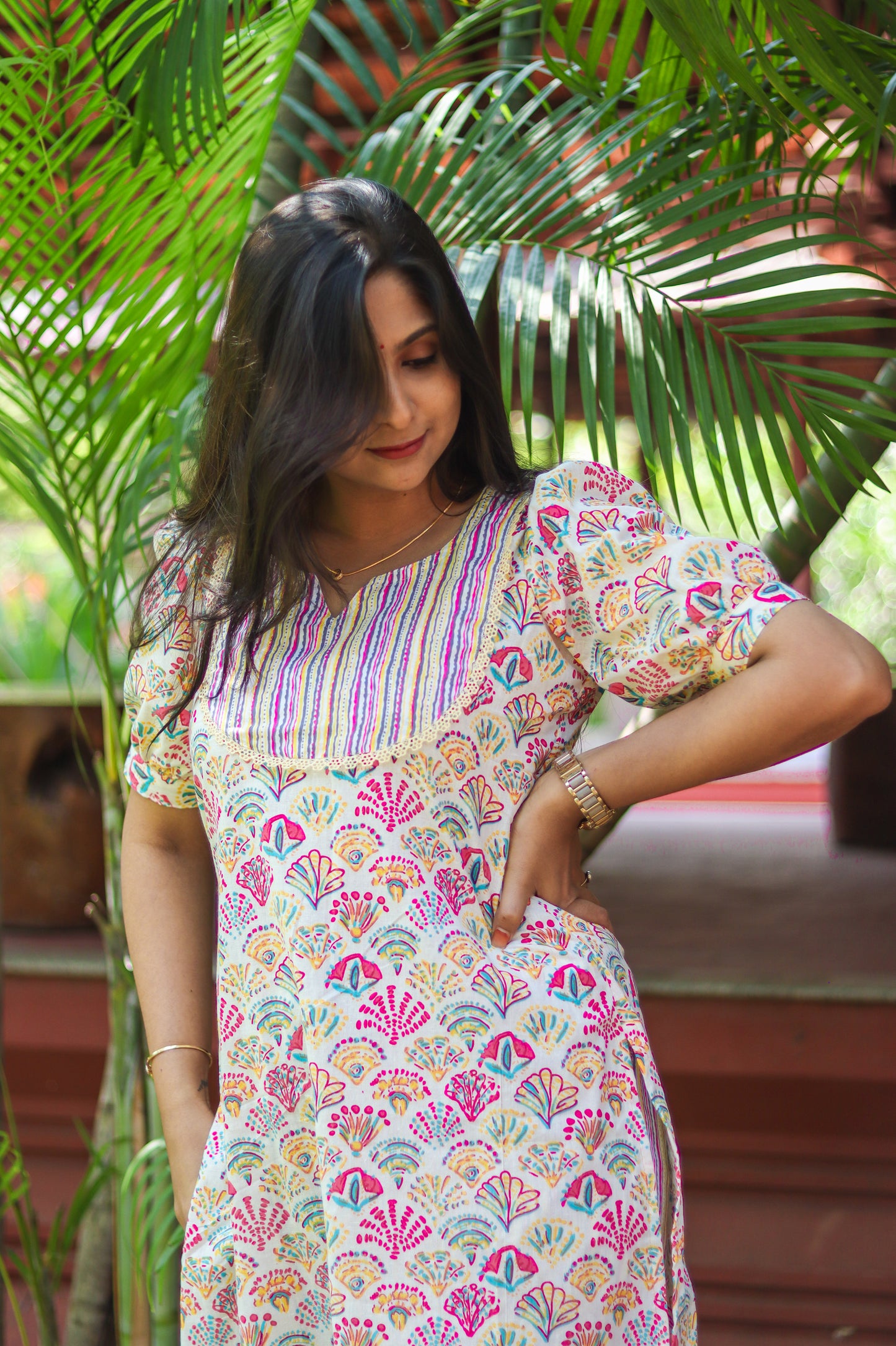 Multicoloured floral cotton work wear kurta set