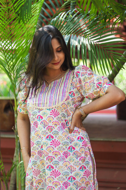 Multicoloured floral cotton work wear kurta set