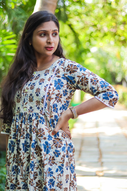 Blue floral cotton work wear kurta set