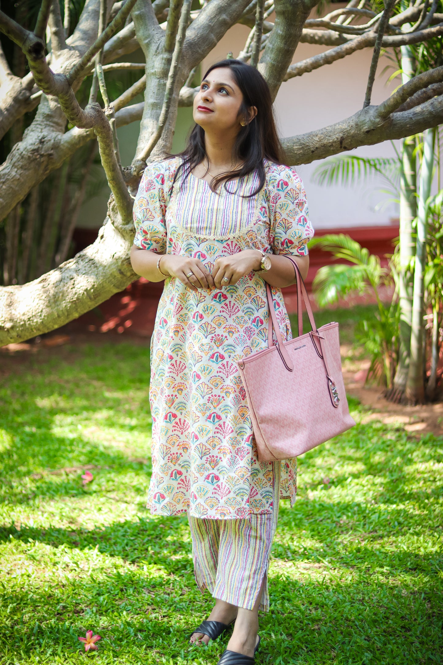 Multicoloured floral cotton work wear kurta set