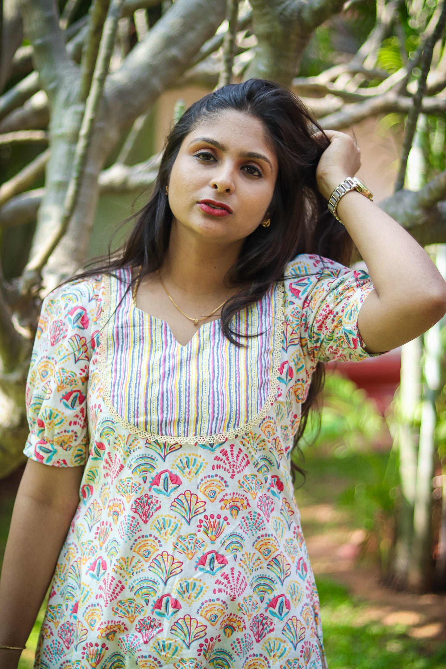 Multicoloured floral cotton work wear kurta set