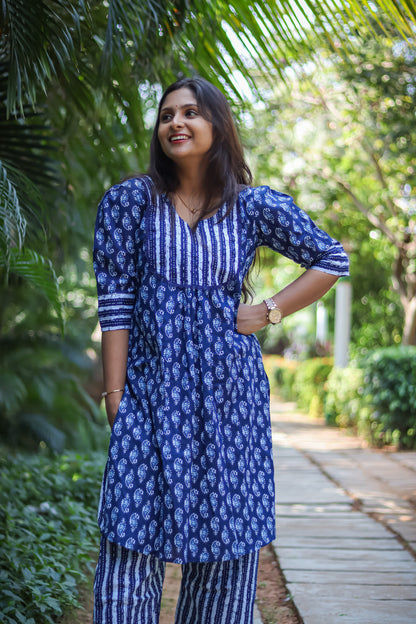 Indigo blue cotton kurta set