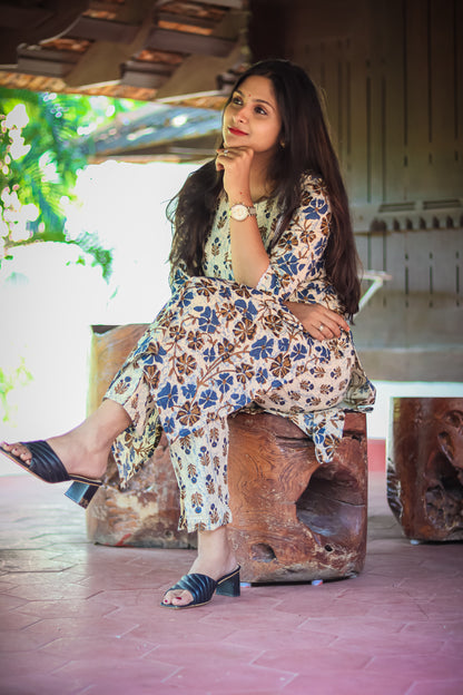 Blue floral cotton work wear kurta set