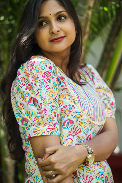 Multicoloured floral cotton work wear kurta set