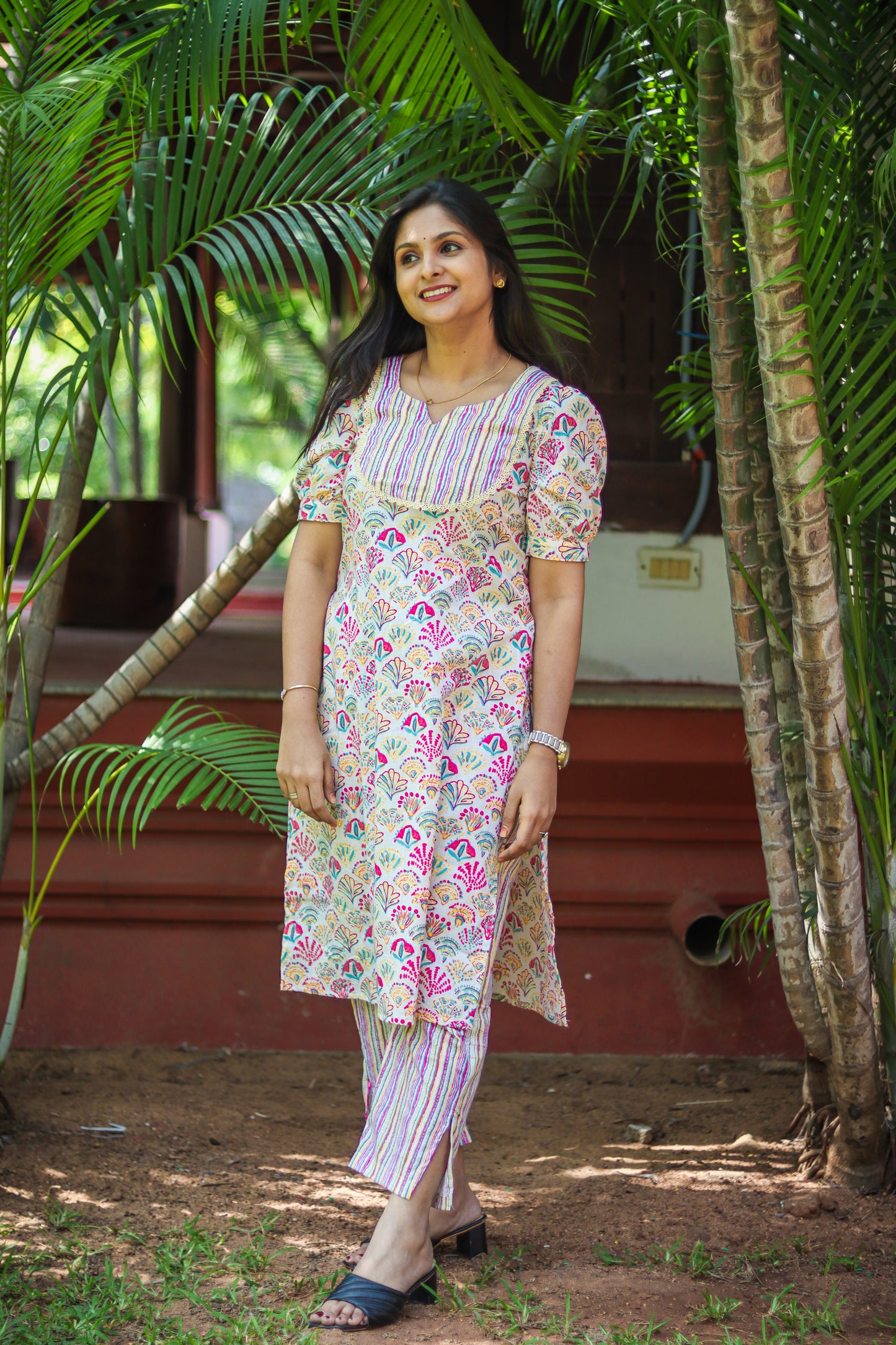 Multicoloured floral cotton work wear kurta set