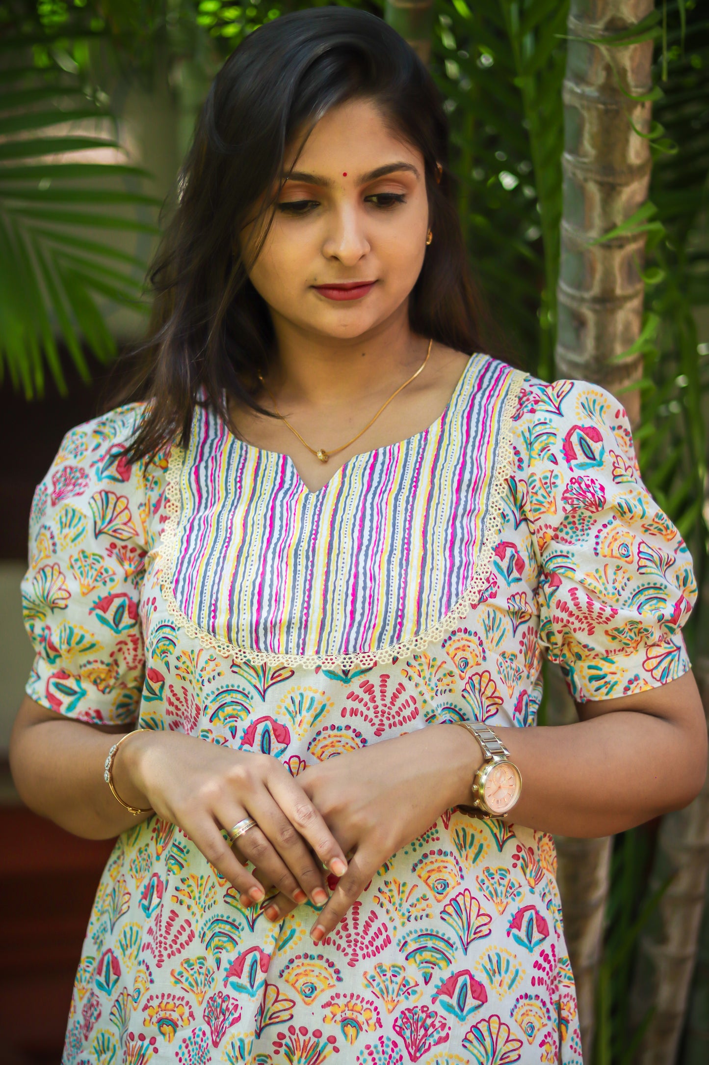 Multicoloured floral cotton work wear kurta set
