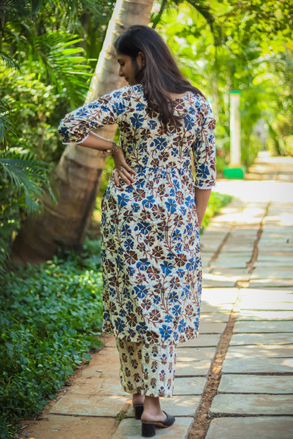 Blue floral cotton work wear kurta set