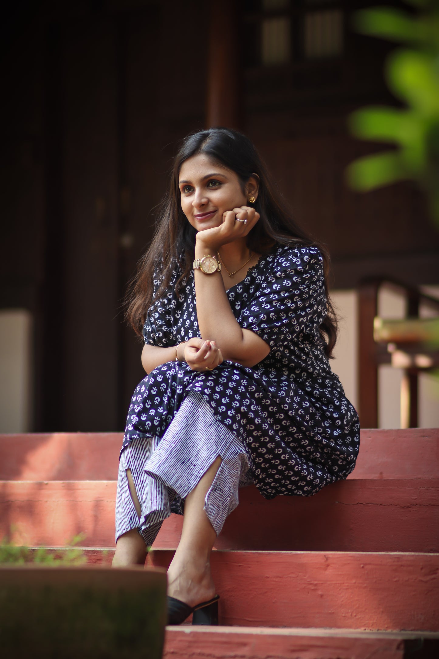 Black floral cotton kurta set with grey striped pant