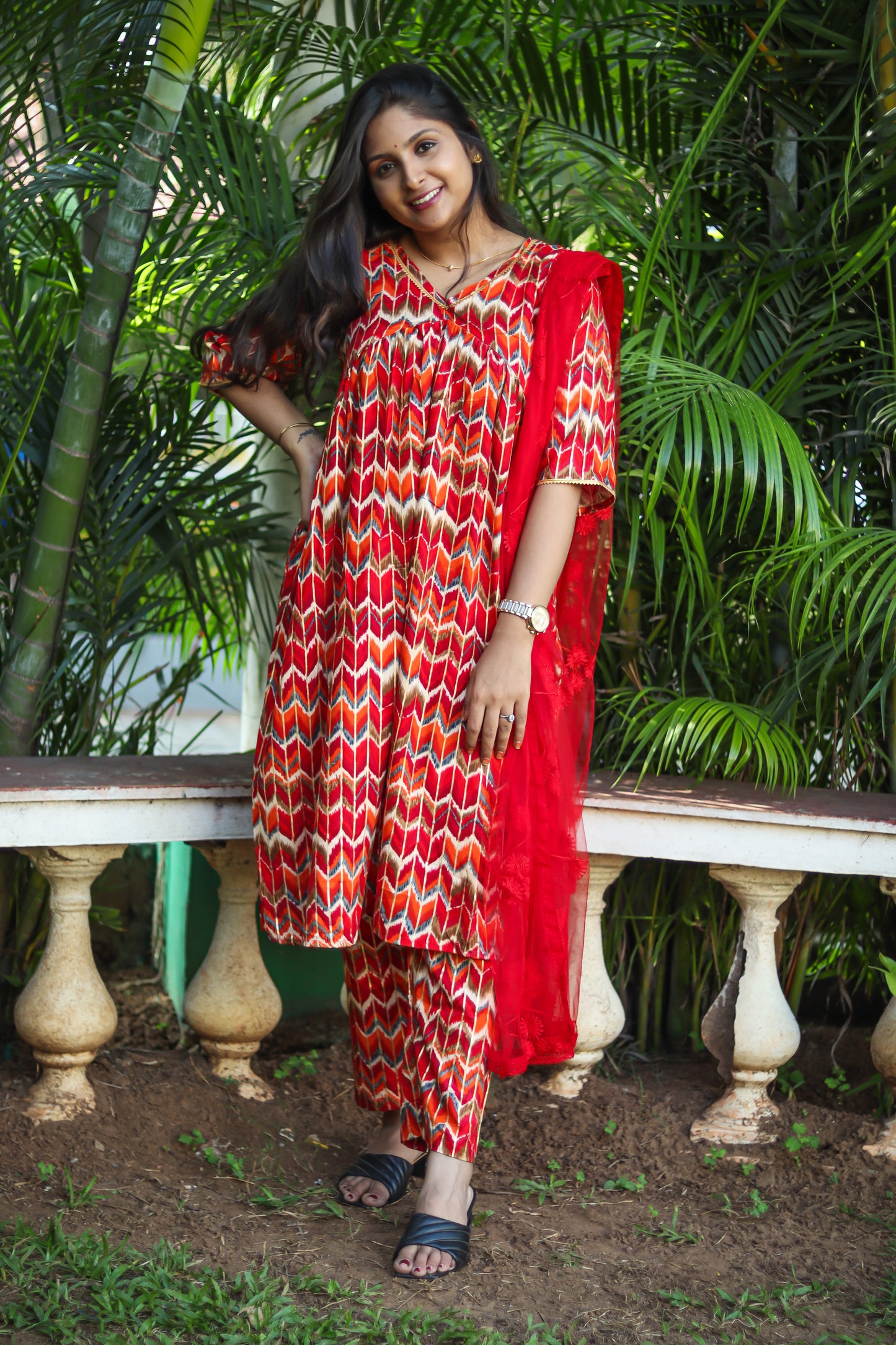 Red Alia cut kurta set with designer net dupatta