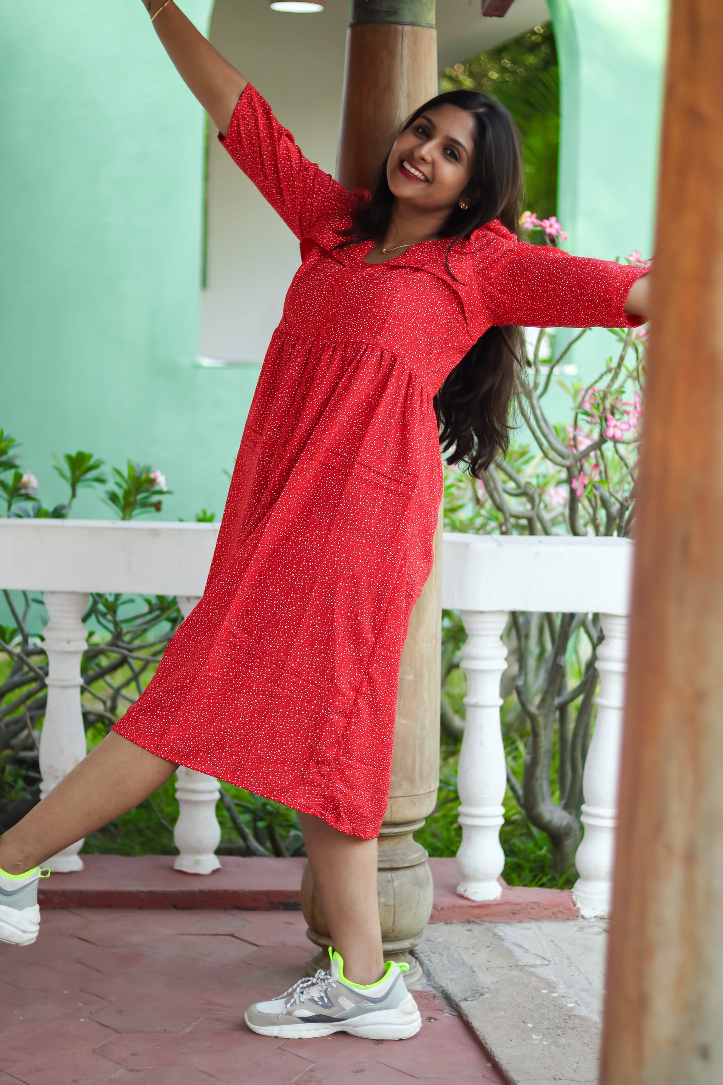 Red dots trendy cotton women maxi