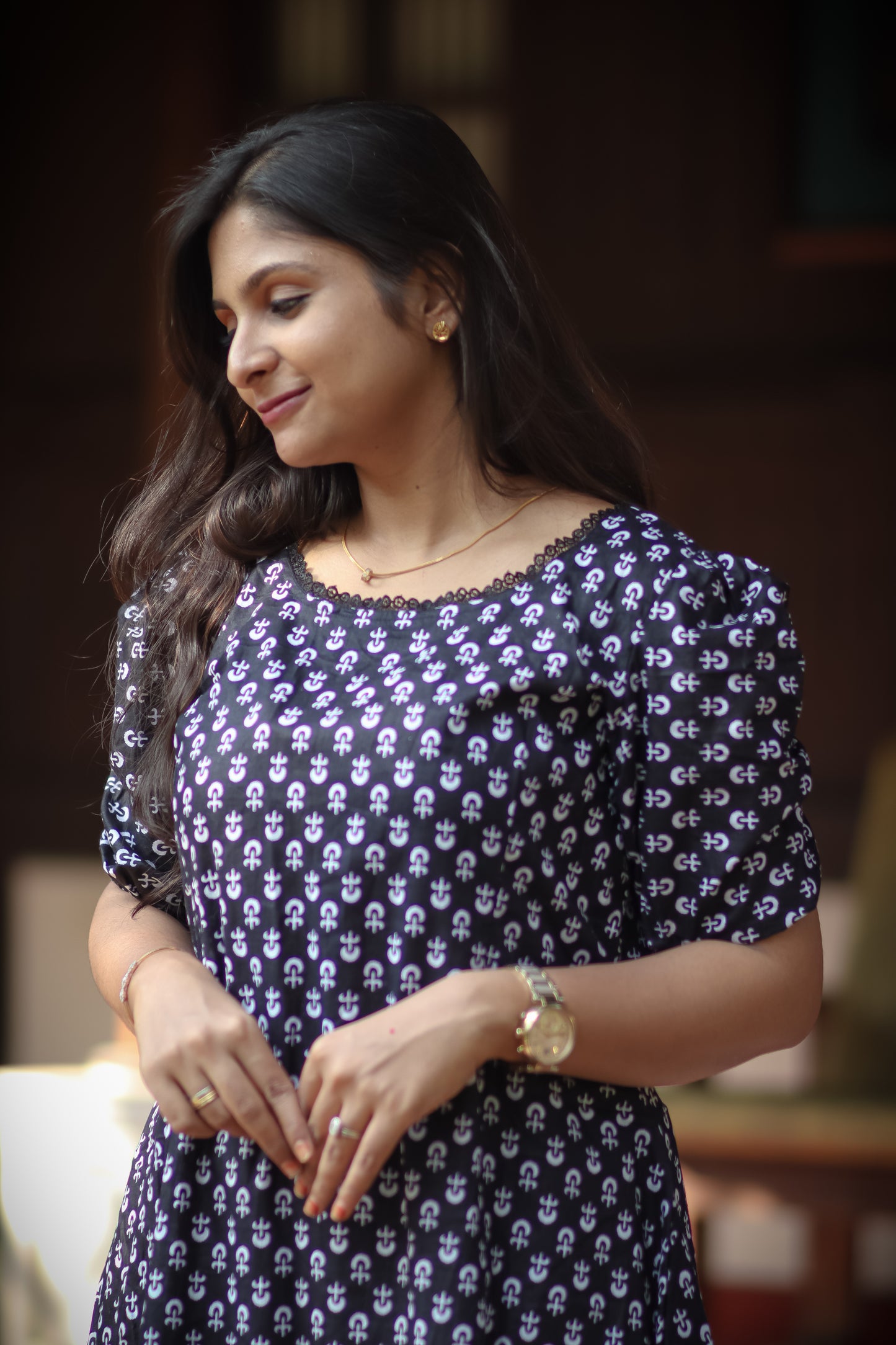 Black floral cotton kurta set with grey striped pant