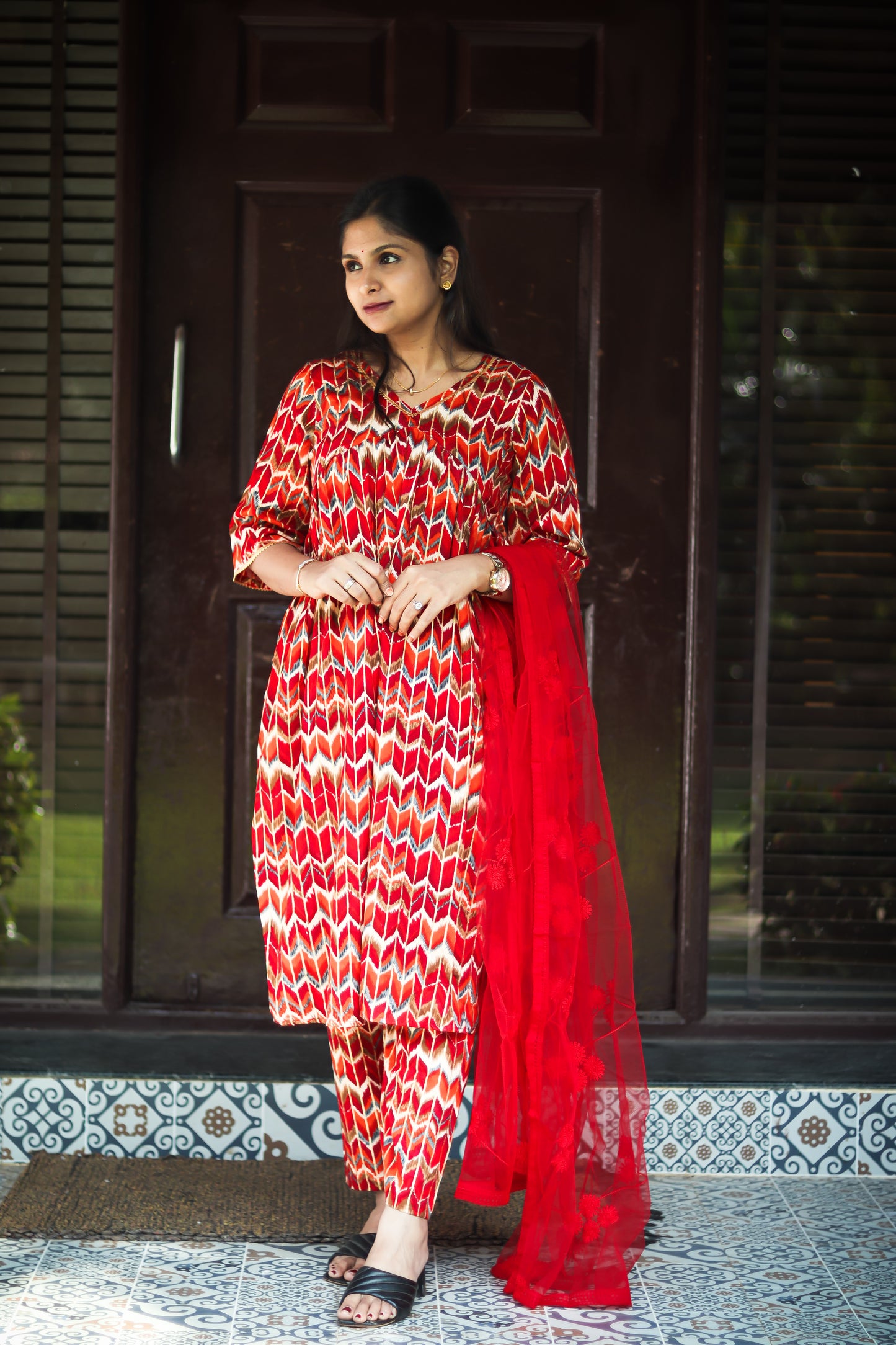 Red Alia cut kurta set with designer net dupatta