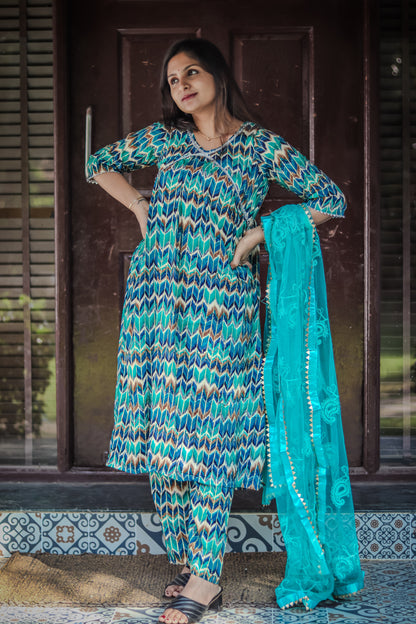 Alia cut green kurta set with designer net dupatta