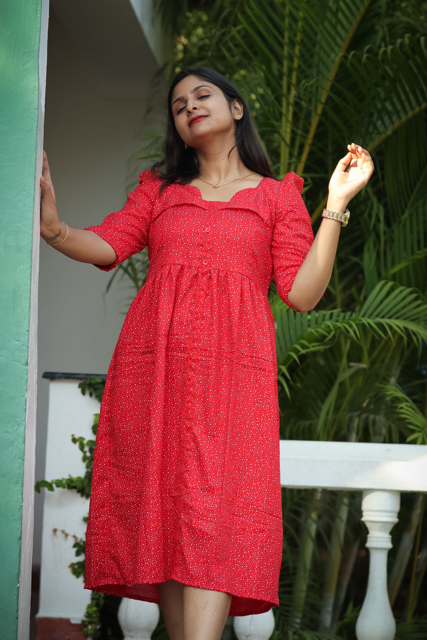 Red dots trendy cotton women maxi