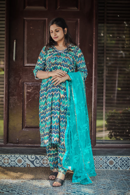 Alia cut green kurta set with designer net dupatta
