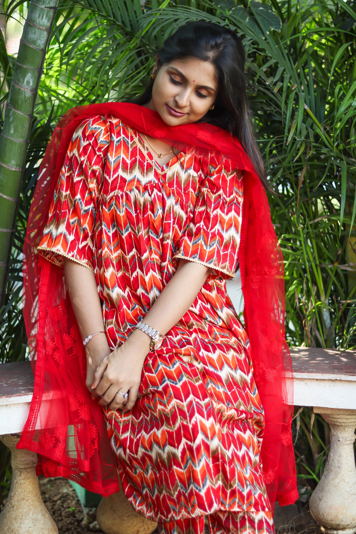 Red Alia cut kurta set with designer net dupatta