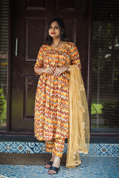 Yellow Alia cut cotton kurtaset with designer net dupatta