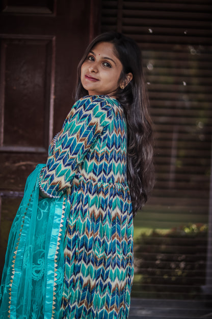 Alia cut green kurta set with designer net dupatta