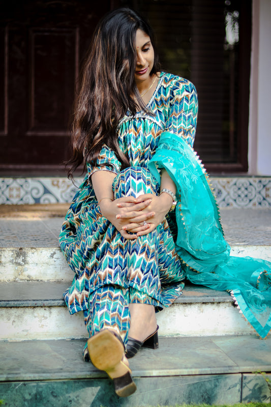 Alia cut green kurta set with designer net dupatta