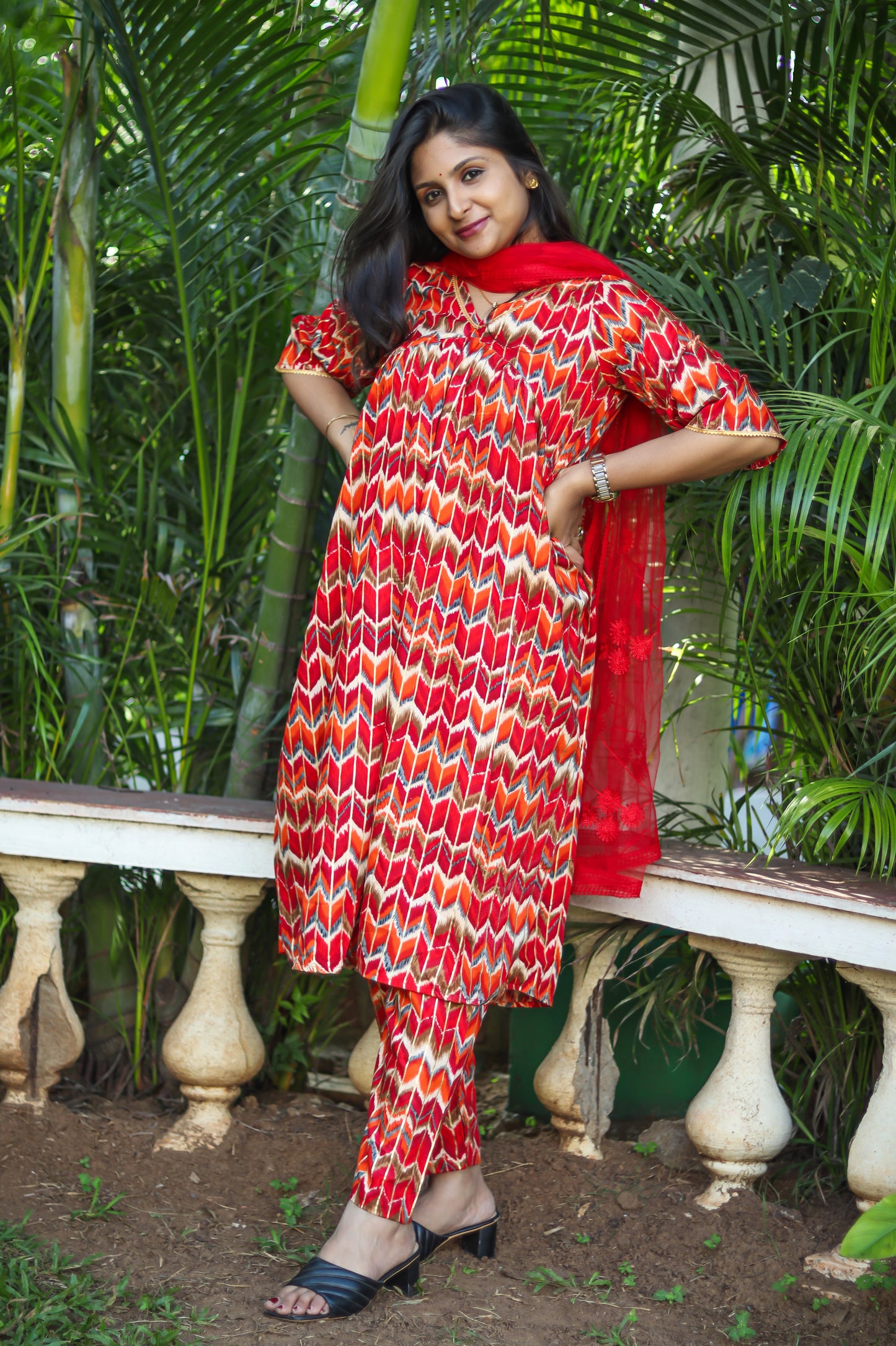 Red Alia cut kurta set with designer net dupatta