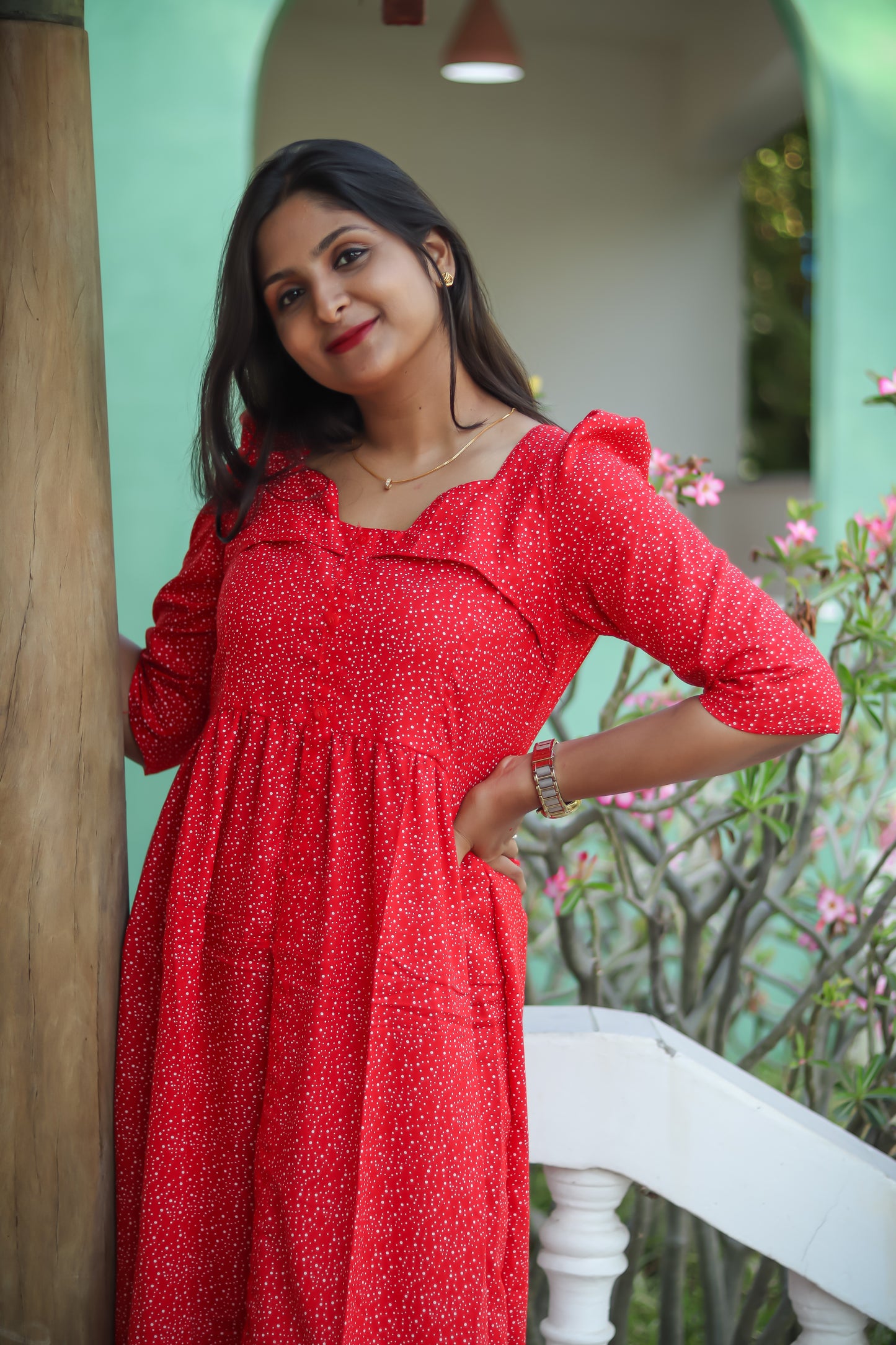 Red dots trendy cotton women maxi