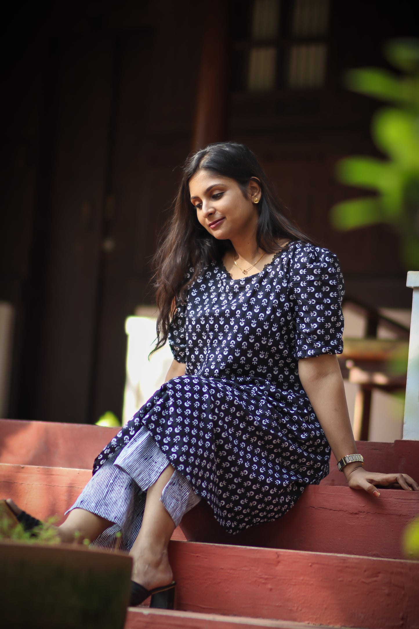 Black floral cotton kurta set with grey striped pant