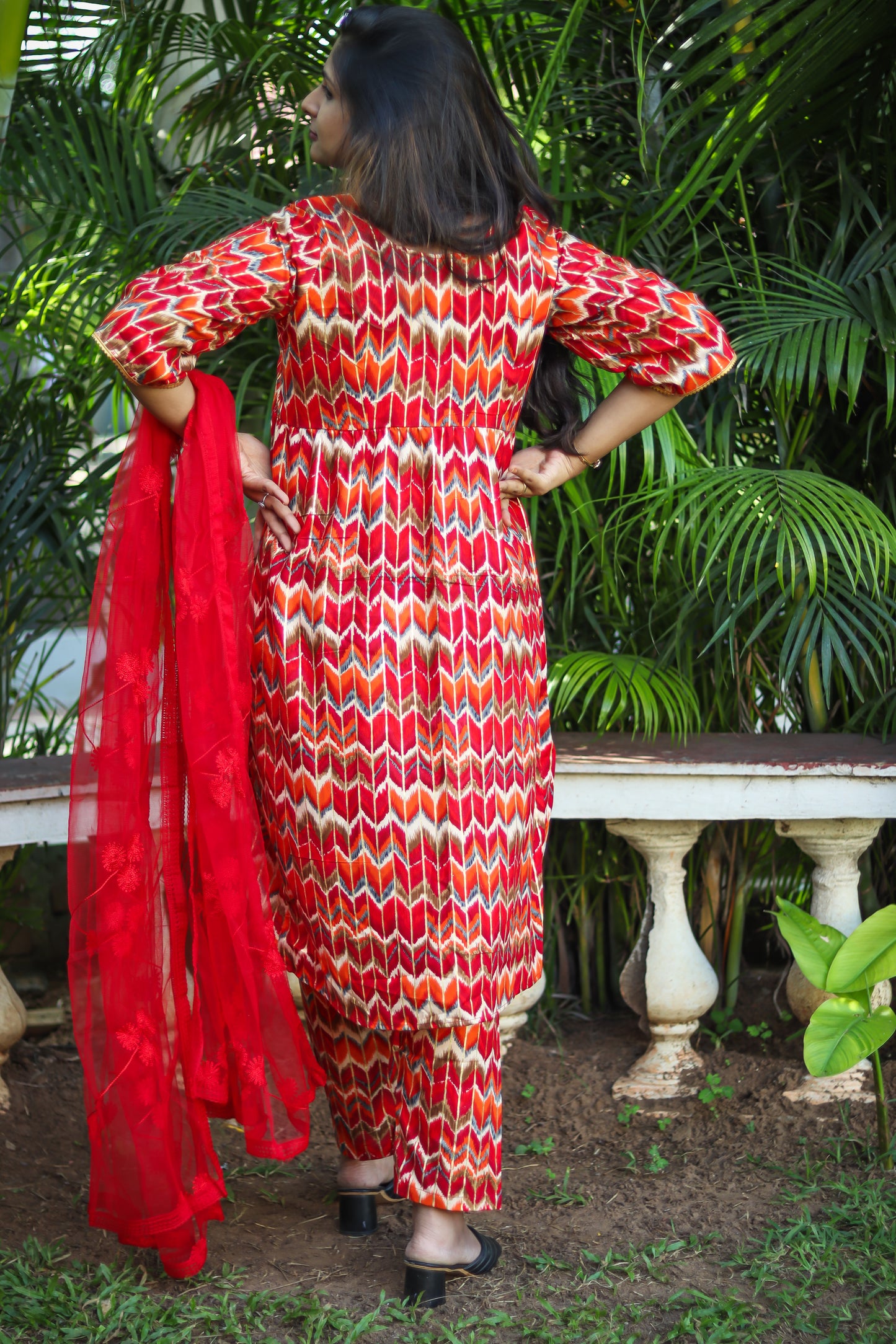 Red Alia cut kurta set with designer net dupatta