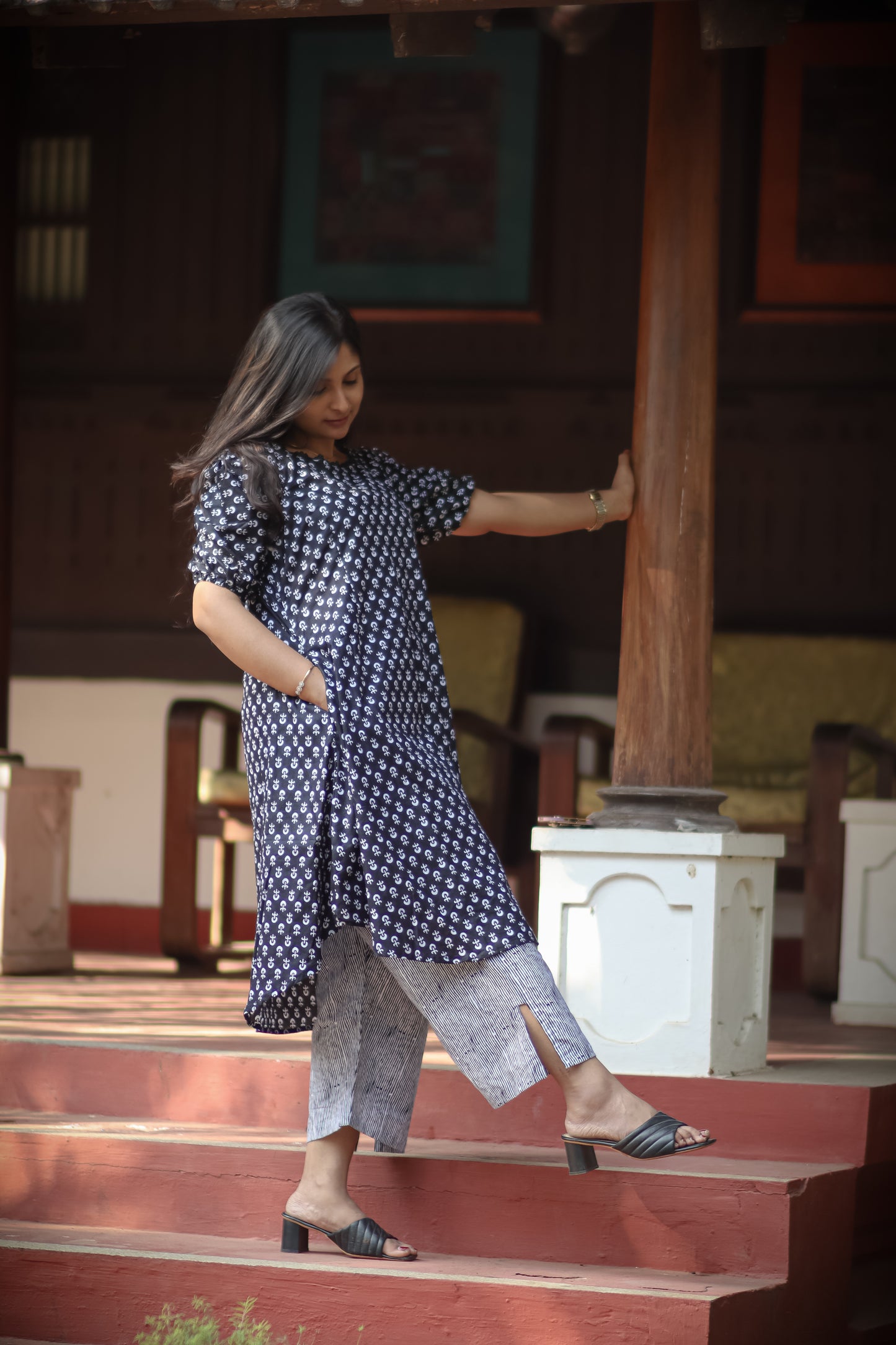 Black floral cotton kurta set with grey striped pant