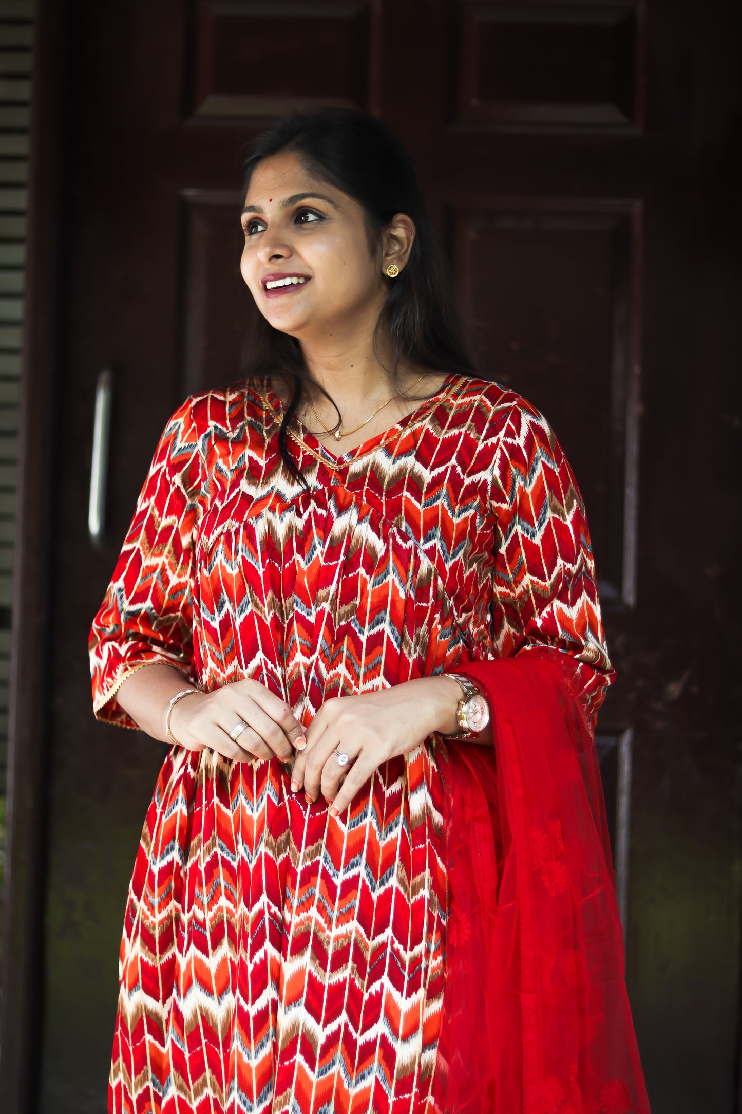 Red Alia cut kurta set with designer net dupatta