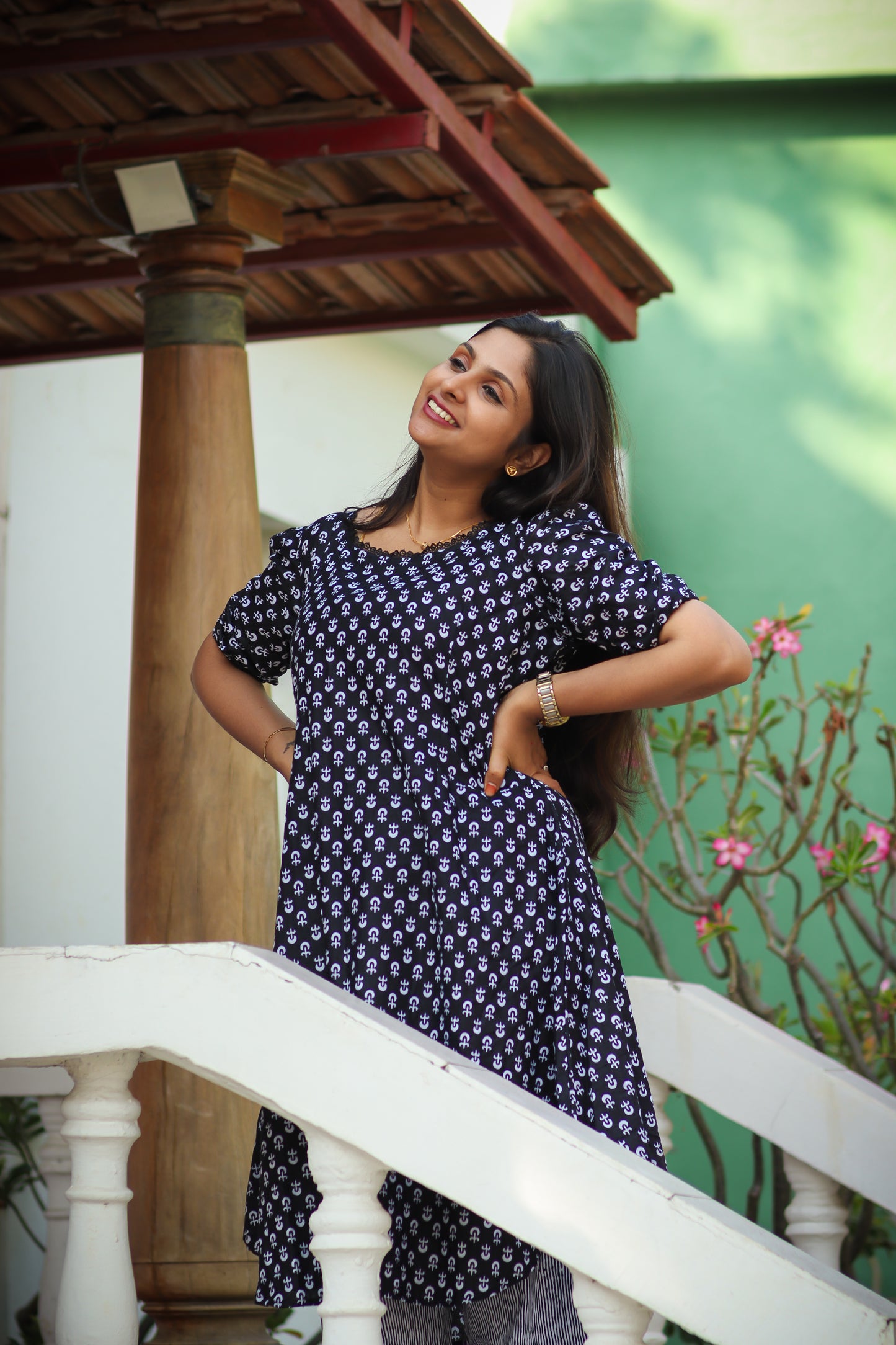 Black floral cotton kurta set with grey striped pant