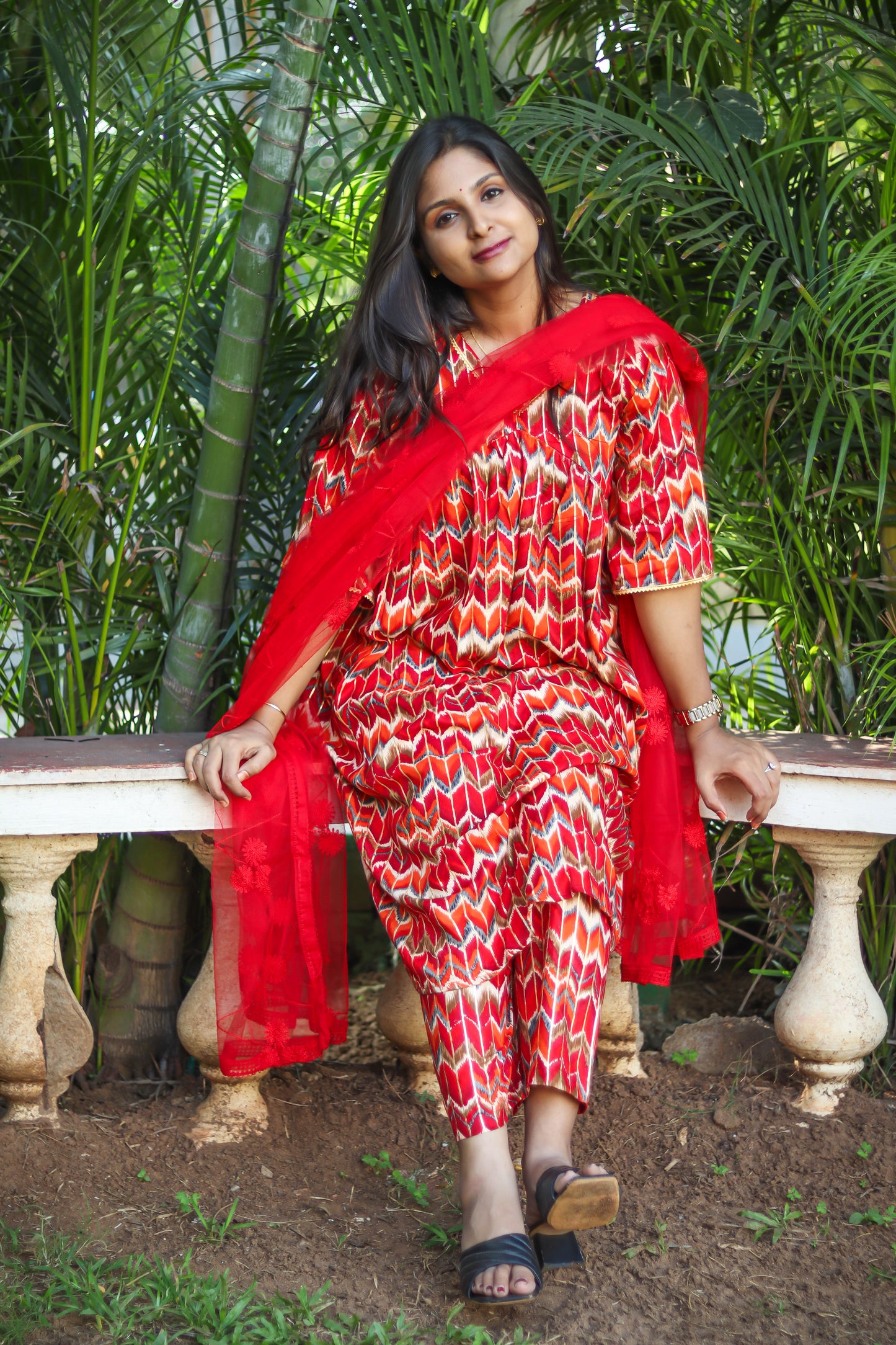 Red Alia cut kurta set with designer net dupatta