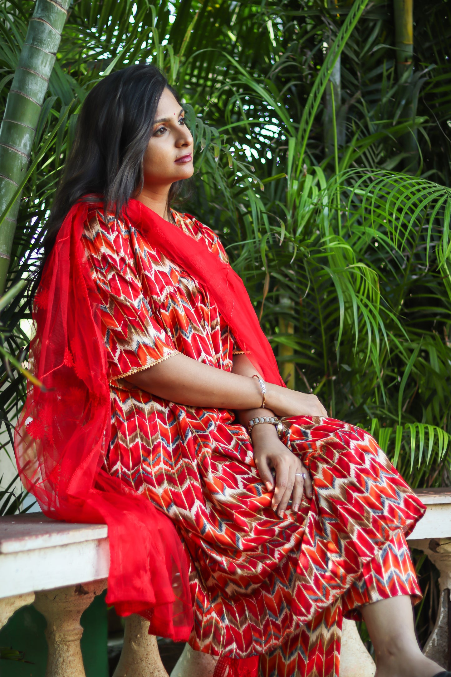 Red Alia cut kurta set with designer net dupatta